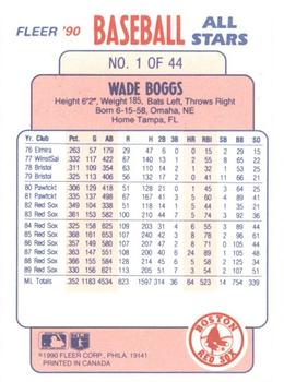 1990 Fleer Baseball All-Stars #1 Wade Boggs Back