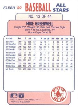 1990 Fleer Baseball All-Stars #13 Mike Greenwell Back