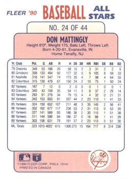 1990 Fleer Baseball All-Stars #24 Don Mattingly Back