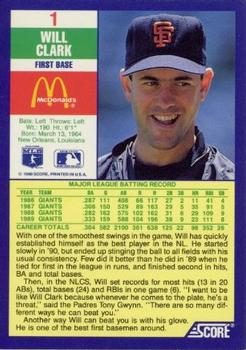 1990 Score McDonald’s #1 Will Clark  Back