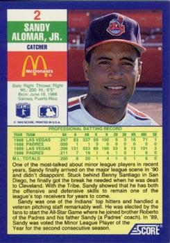 1990 Score McDonald’s #2 Sandy Alomar, Jr. Back