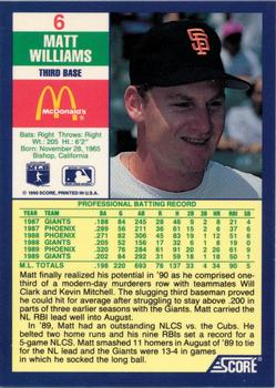 1990 Score McDonald’s #6 Matt Williams  Back