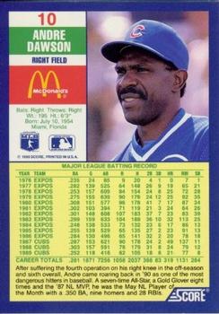 1990 Score McDonald’s #10 Andre Dawson  Back