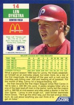 1990 Score McDonald’s #14 Len Dykstra Back
