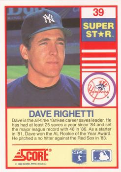 1990 Score 100 Superstars #39 Dave Righetti Back