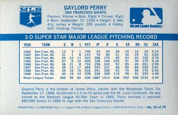 1970 Kellogg's 3-D Super Stars #20 Gaylord Perry Back