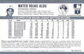 1971 Kellogg's 3-D Super Stars #53 Matty Alou  Back