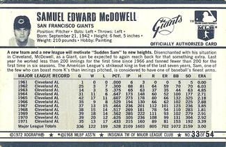 1972 Kellogg's 3-D Super Stars #33 Sam McDowell  Back