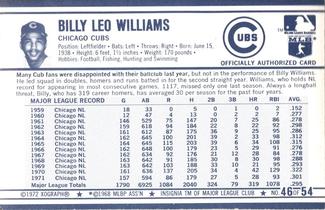 1972 Kellogg's 3-D Super Stars #46 Billy Williams  Back
