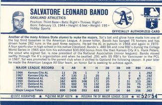 1972 Kellogg's #52b Sal Bando  Back