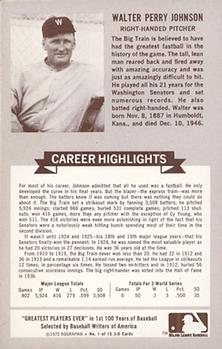 1972 Kellogg's 3-D All-Time Baseball Greats #1 Walter Johnson  Back
