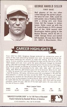 1972 Kellogg's 3-D All-Time Baseball Greats #5 George Sisler  Back