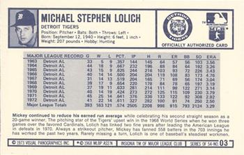 1973 Kellogg's Pro Super Stars #3 Mickey Lolich Back
