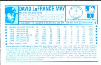 1974 Kellogg's 3-D Super Stars #13 Dave May  Back