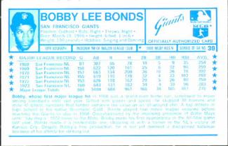1974 Kellogg's 3-D Super Stars #39 Bobby Bonds  Back