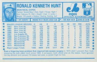 1974 Kellogg's 3-D Super Stars #25 Ron Hunt  Back