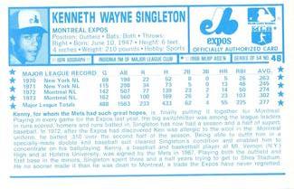 1974 Kellogg's 3-D Super Stars #48 Ken Singleton  Back
