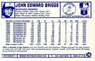 1975 Kellogg's 3-D Super Stars #16 John Briggs  Back
