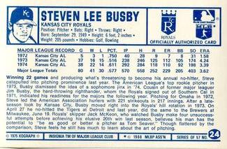 1975 Kellogg's 3-D Super Stars #24 Steve Busby  Back