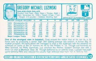1977 Kellogg's 3-D Super Stars #12 Greg Luzinski Back