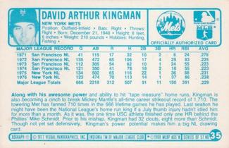 1977 Kellogg's 3-D Super Stars #35 Dave Kingman Back