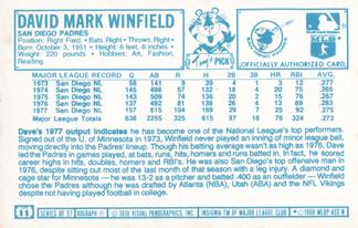 1978 Kellogg's 3-D Super Stars #11 Dave Winfield Back