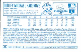 1978 Kellogg's 3-D Super Stars #56 Mike Hargrove Back