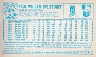 1979 Kellogg's 3-D Super Stars #10 Paul Splittorff Back