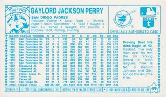 1979 Kellogg's 3-D Super Stars #49 Gaylord Perry Back