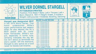 1980 Kellogg's 3-D Super Stars #25 Willie Stargell Back