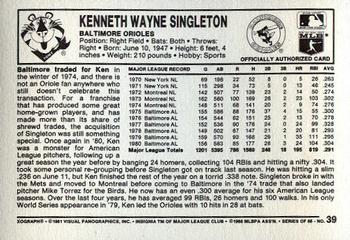 1981 Kellogg's 3-D Super Stars #39 Ken Singleton Back