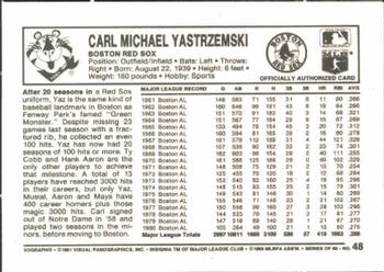 1981 Kellogg's 3-D Super Stars #48 Carl Yastrzemski Back