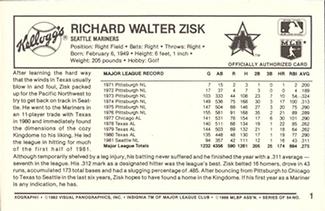 1982 Kellogg's 3-D Super Stars #1 Richie Zisk Back