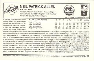 1982 Kellogg's 3-D Super Stars #20 Neil Allen Back