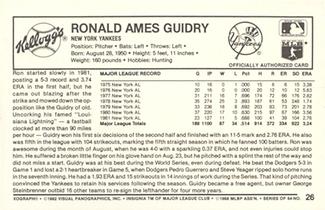 1982 Kellogg's 3-D Super Stars #26 Ron Guidry Back