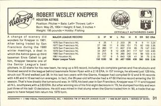 1982 Kellogg's 3-D Super Stars #31 Bob Knepper Back