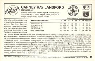 1982 Kellogg's 3-D Super Stars #41 Carney Lansford Back