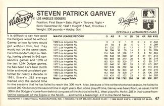1982 Kellogg's 3-D Super Stars #47 Steve Garvey Back