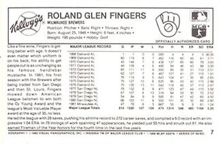1982 Kellogg's 3-D Super Stars #7 Rollie Fingers Back