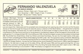 1982 Kellogg's 3-D Super Stars #9 Fernando Valenzuela Back
