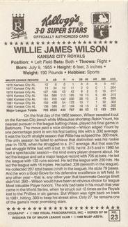 1983 Kellogg's 3-D Super Stars #23 Willie Wilson Back