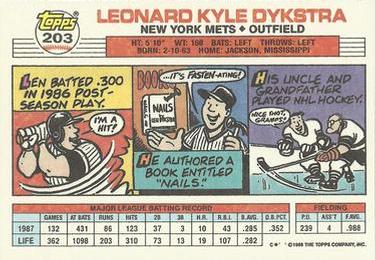 1988 Topps Big #203 Len Dykstra Back