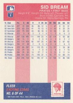 1987 Fleer Baseball's Exciting Stars #6 Sid Bream Back