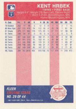 1987 Fleer Baseball's Exciting Stars #29 Kent Hrbek Back