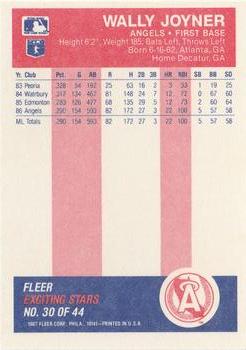 1987 Fleer Baseball's Exciting Stars #30 Wally Joyner Back
