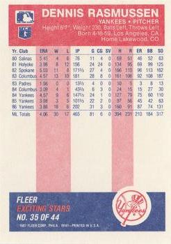 1987 Fleer Baseball's Exciting Stars #35 Dennis Rasmussen Back