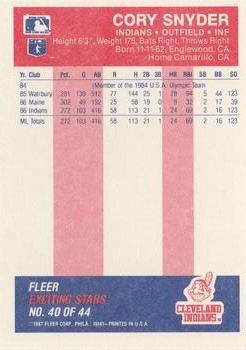 1987 Fleer Baseball's Exciting Stars #40 Cory Snyder Back