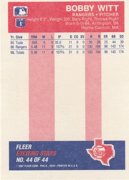 1987 Fleer Baseball's Exciting Stars #44 Bobby Witt Back