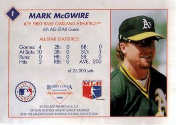 1992 Barry Colla All-Star Game #1 Mark McGwire Back
