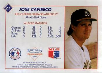 1992 Barry Colla All-Star Game #21 Jose Canseco Back